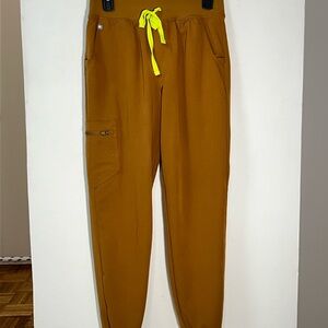 Figs High Waisted Zamora Jogger Pant in Earth with Neon Yellow Drawstring